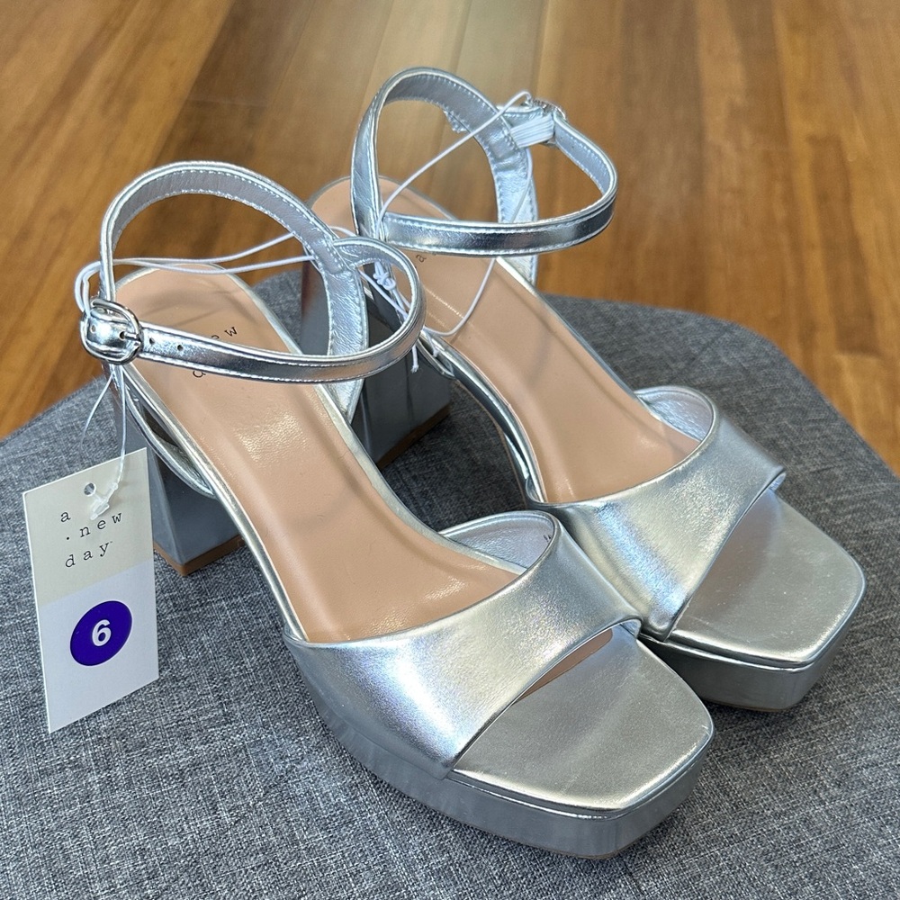 A New Day Silver Platform Shoes with Ankle Strap NWT